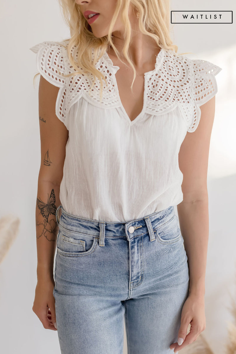 Embroidered Cap Sleeve Top White
