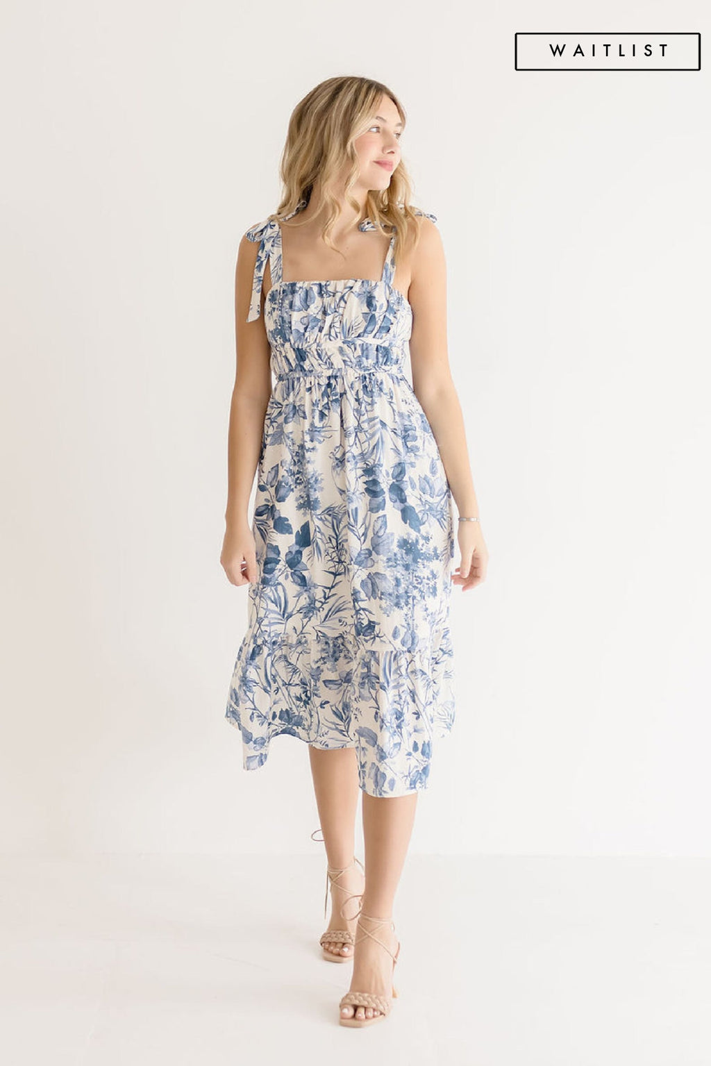 Sleeveless Shoulder Tie Floral Print Midi Dress Blue
