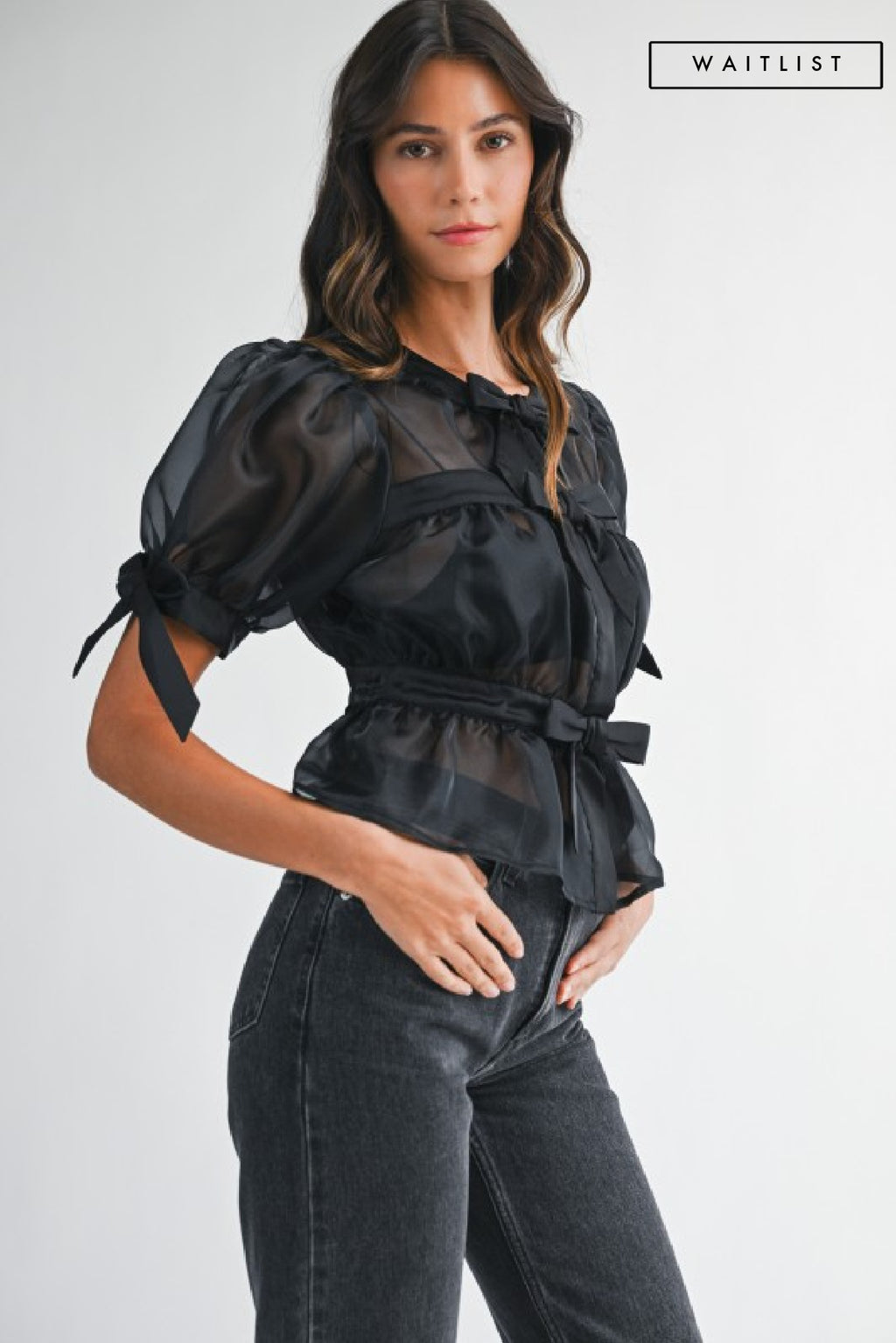 Short Puff Sleeve Sheer Contrast Bow Tie Peplum Top Black