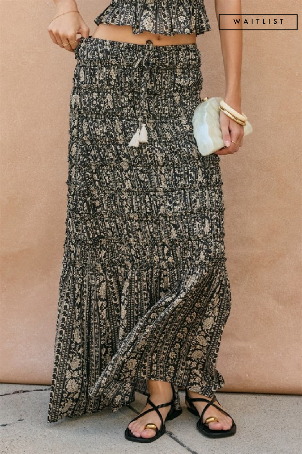  High Waist Smocked Floral Print Midi Skirt Black