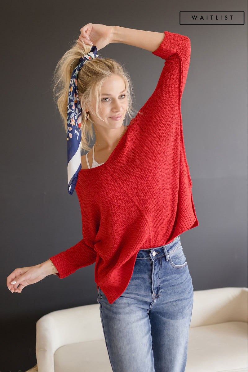 Scoop Neck Knit Sweater Top Red
