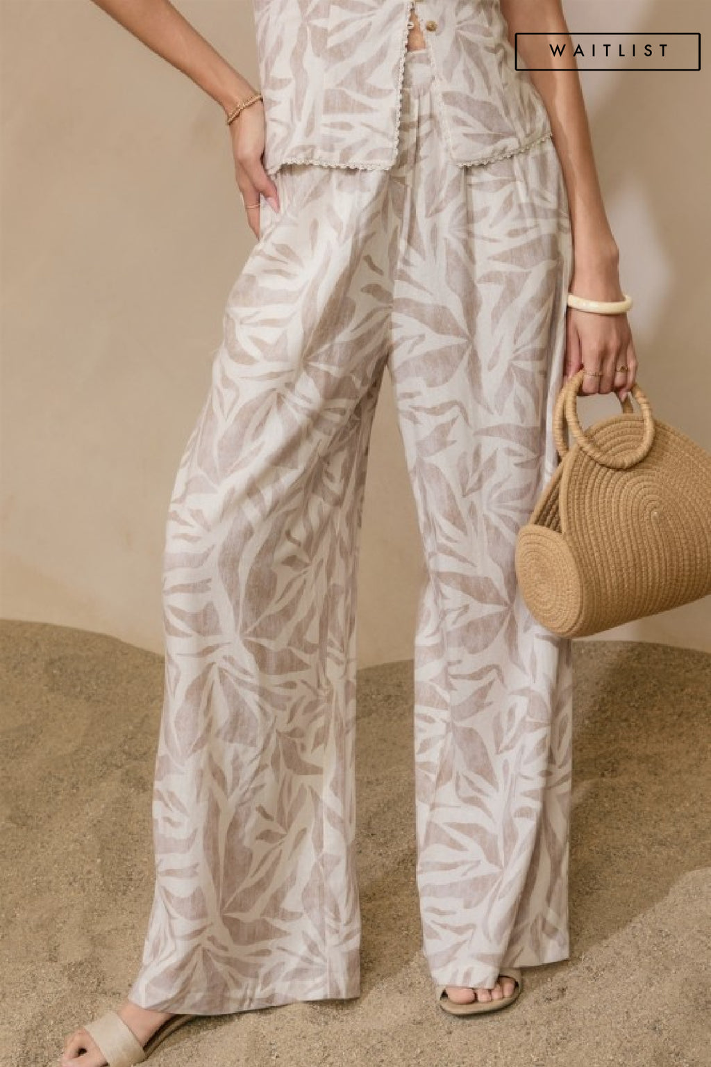 High Waist Wide Leg Tropical Print Pants Taupe