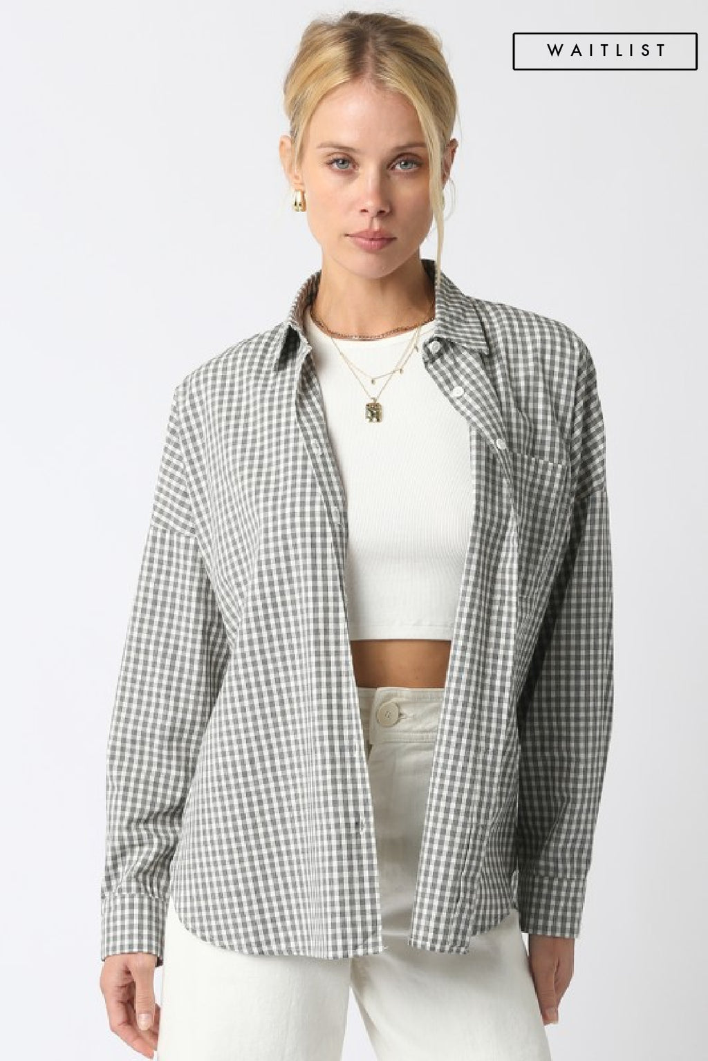 Long Sleeve Button Down Gingham Print Top Black