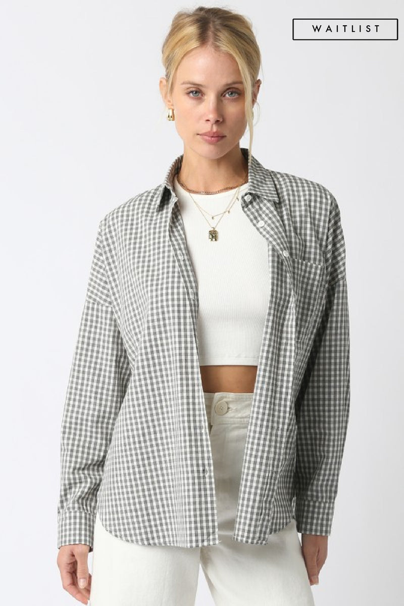 Long Sleeve Button Down Gingham Print Top Black