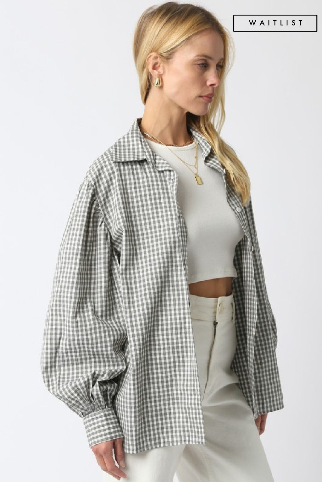 Long Balloon Sleeve Button Down Gingham Print Top Black