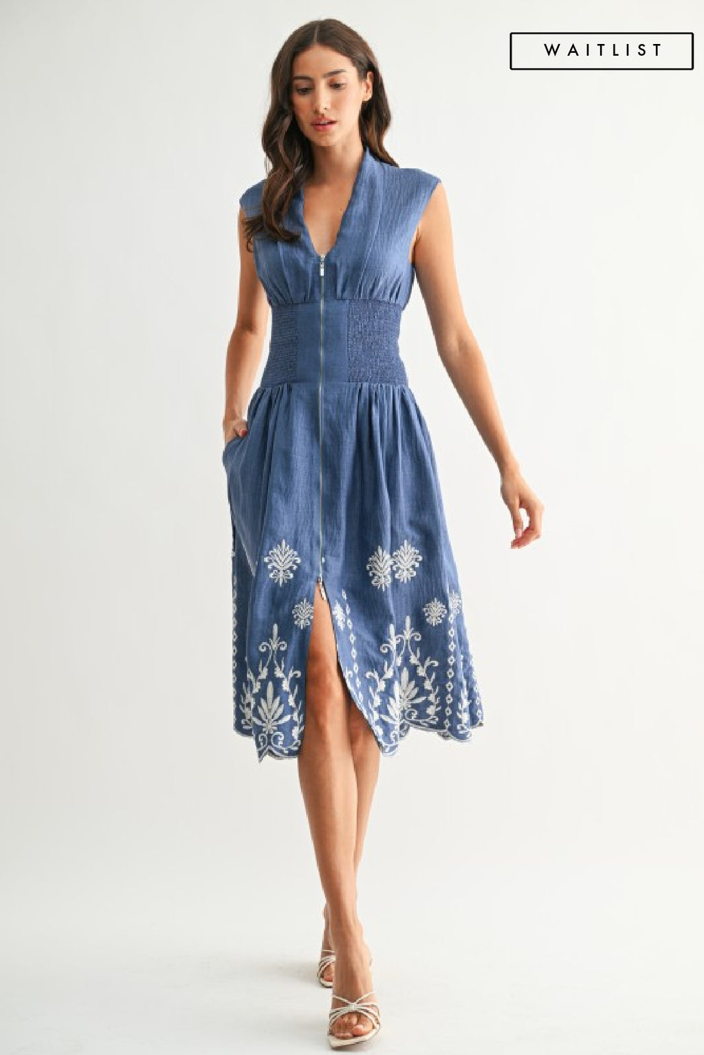 Sleeveless Zip Up Embroidered Midi Dress Blue