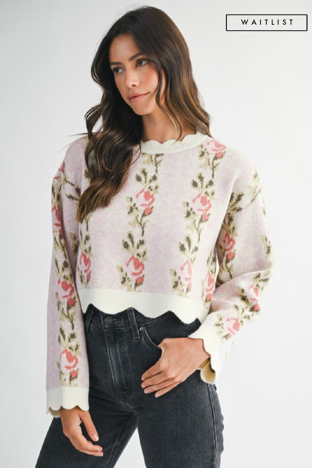 Long Sleeve Floral Embroidered Sweater Pink