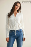Long Sleeve Button Down Eyelet Knit Top Cream