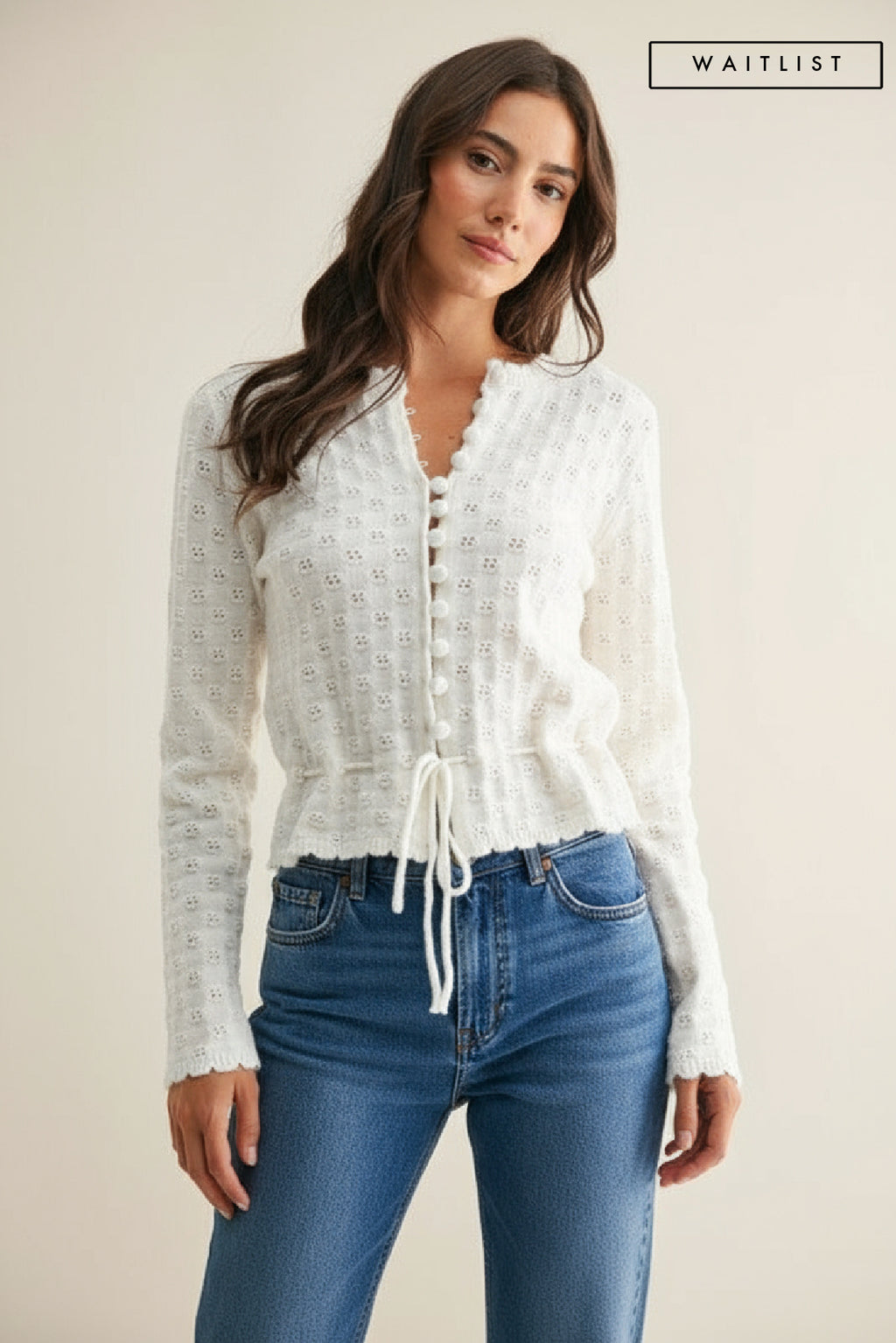 Long Sleeve Button Down Eyelet Knit Top Cream