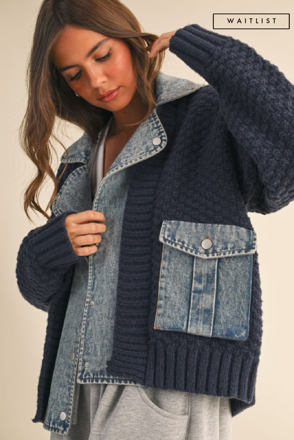 Long Sleeve Cable Knit Denim Trim Shacket Navy