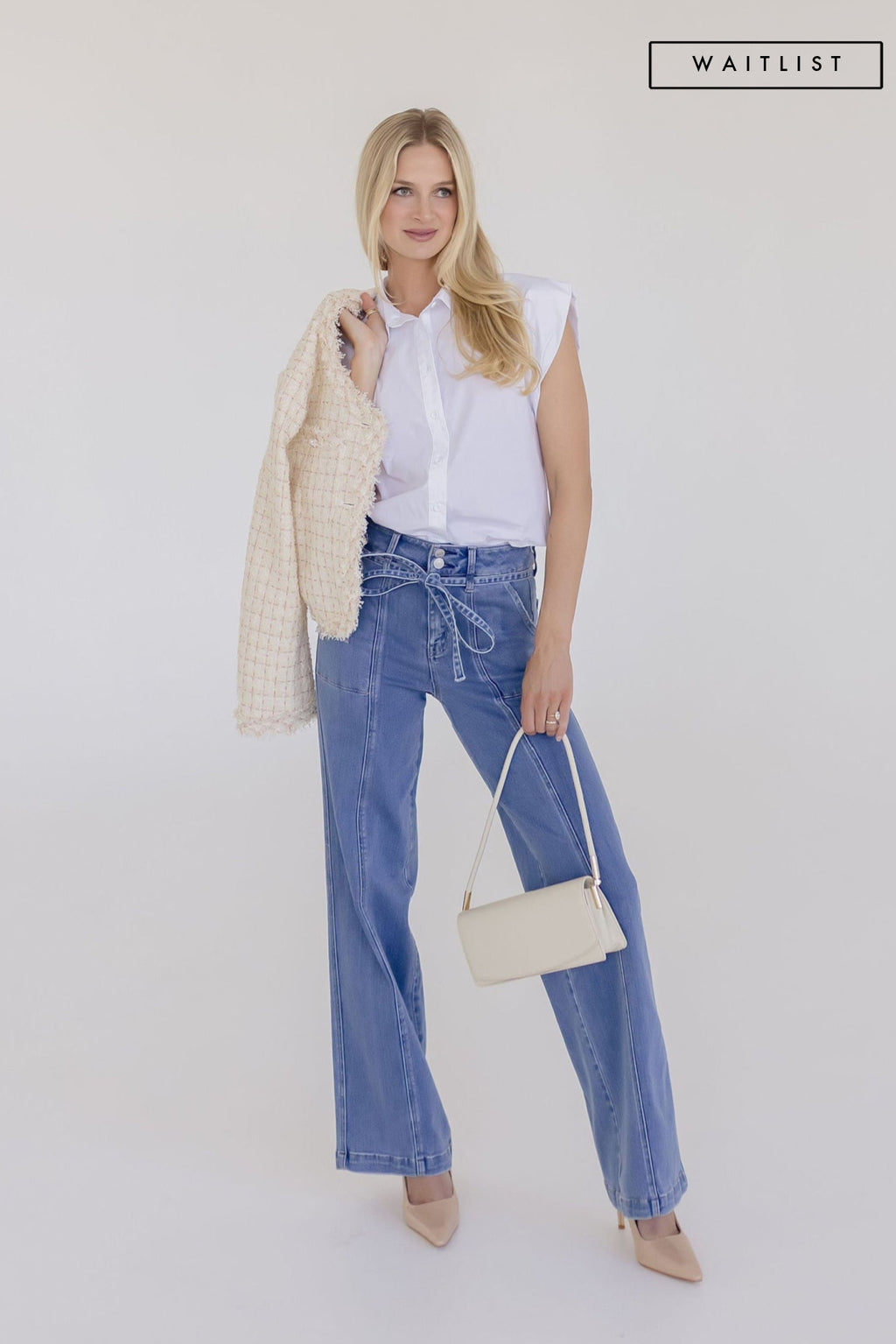 High Rise Waist Tie Wide Leg Jeans Medium Wash