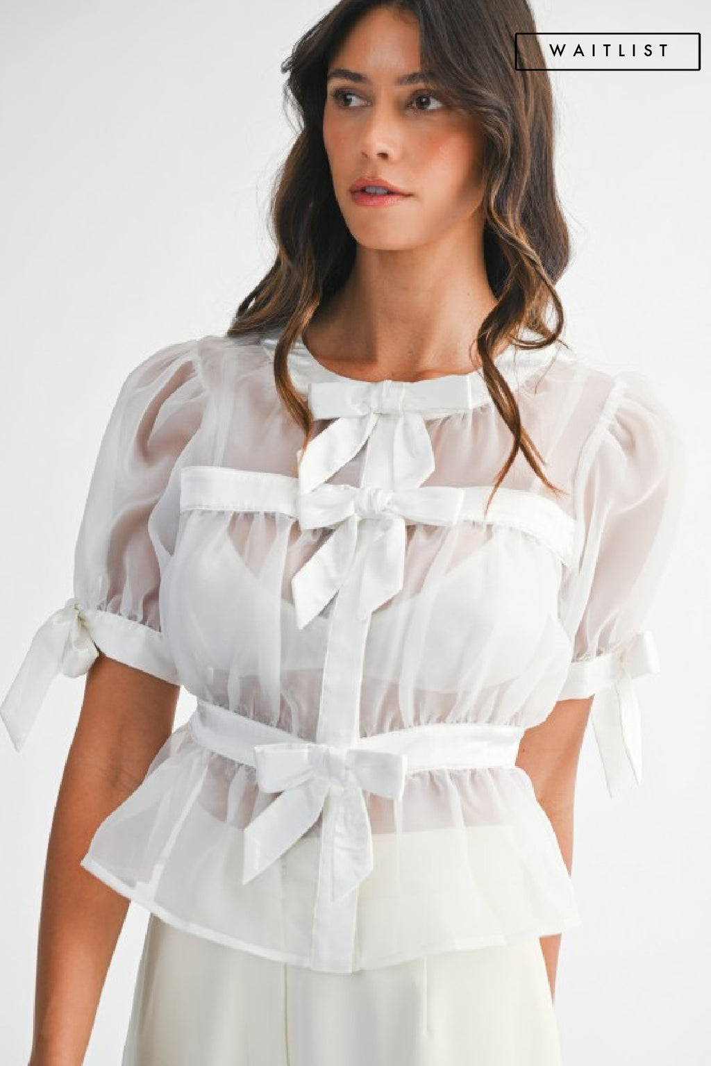 Short Puff Sleeve Sheer Contrast Bow Tie Peplum Top White