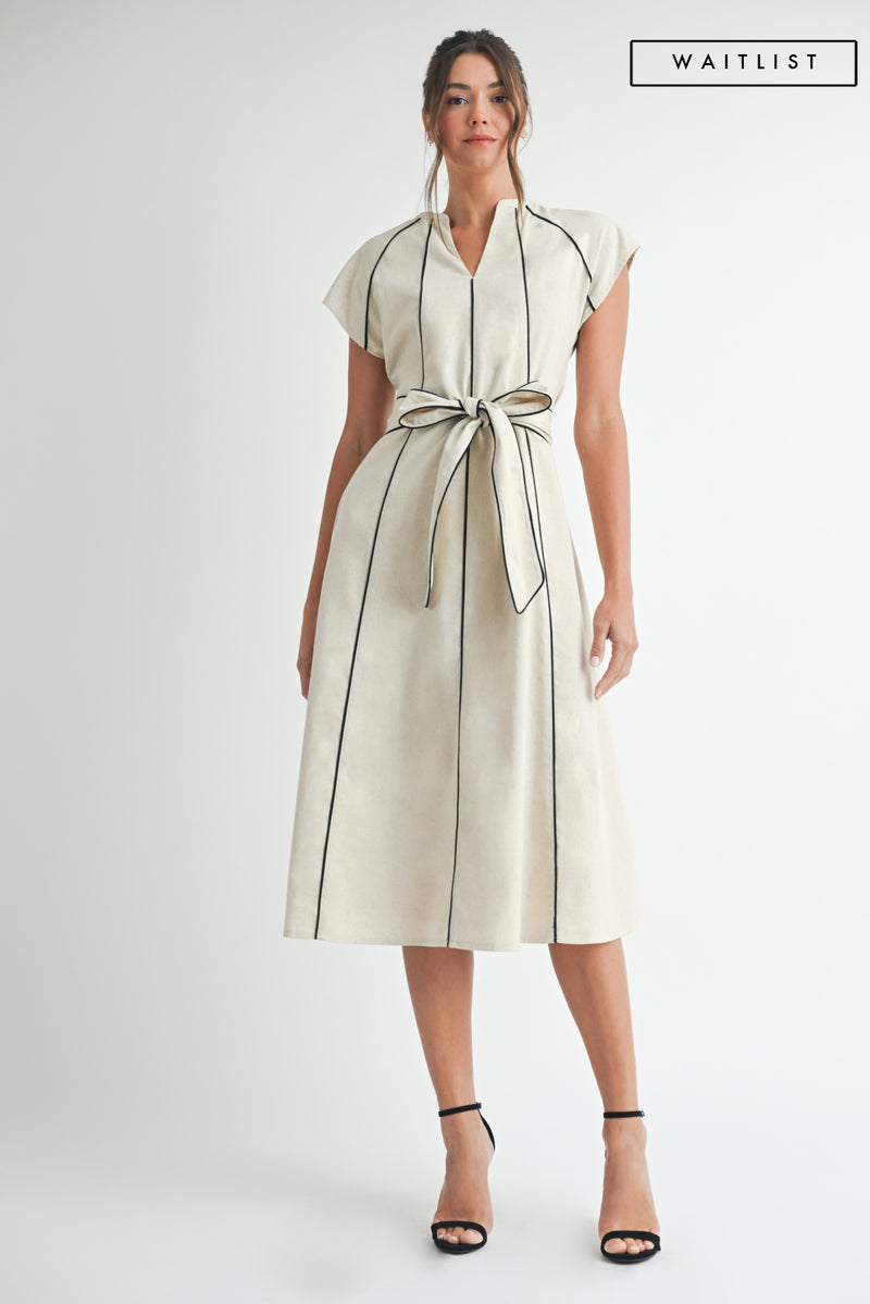 Waitlist 10/1 • Nova Short Sleeve Stripe Contrast Waist Tie Linen Midi Dress Natural