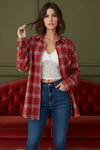  Long Sleeve Oversized Button Down Plaid Print Top Red