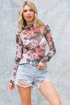 Long Sleeve Floral Print Mesh Top Black