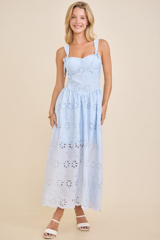 Grace Sleeveless Embroidered Floral Midi Dress Blue MEDIUM