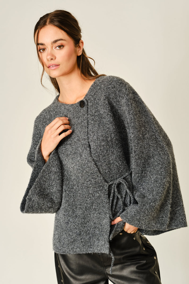 Long Kimono Sleeve Side Tie Cozy Knit Cardigan Charcoal
