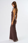 Sleeveless Polka Dot Print Mesh Maxi Dress Brown
