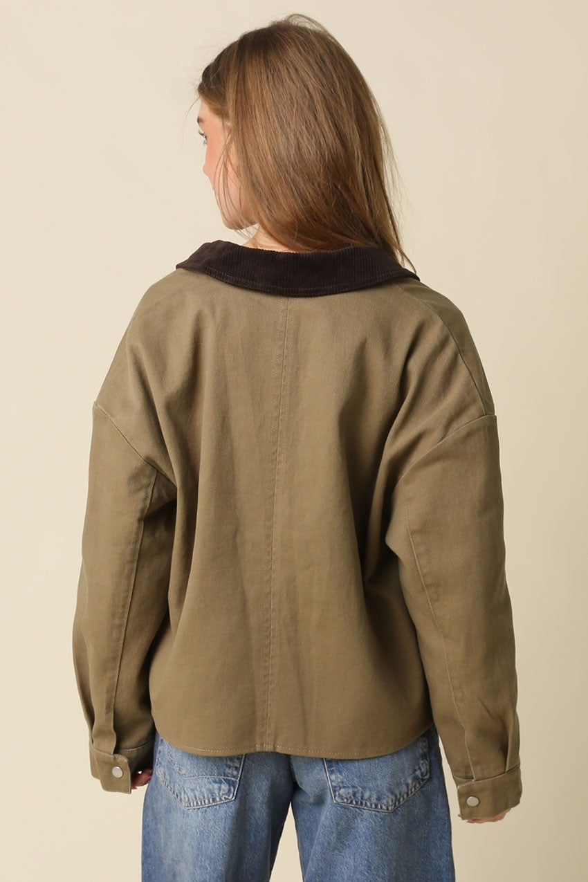 Mindy Long Sleeve Corduroy Contrast Button Down Jacket Olive