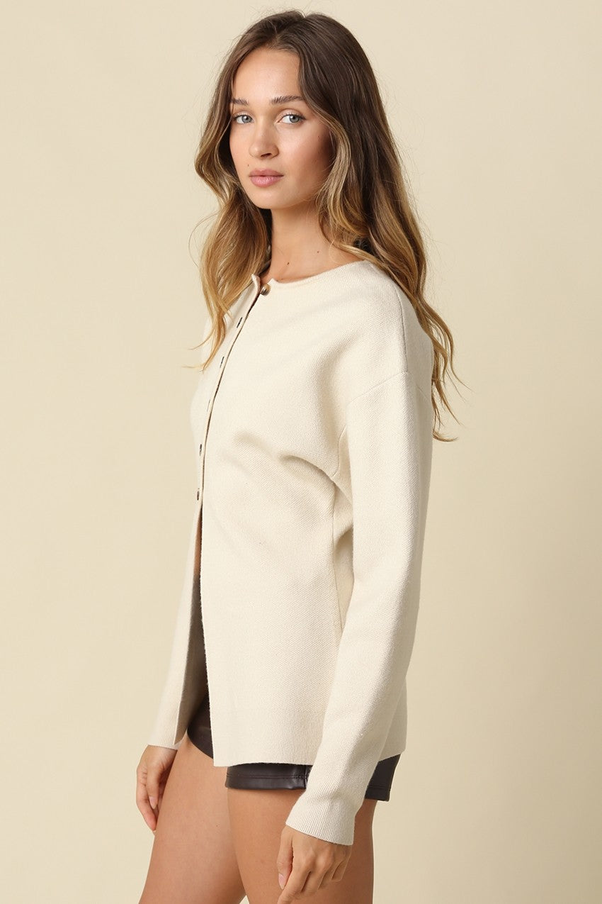 Long Balloon Sleeve Button Down Peplum Top Beige