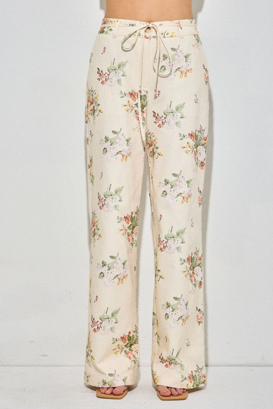 High Waist Wide Leg Floral Pants Cream
