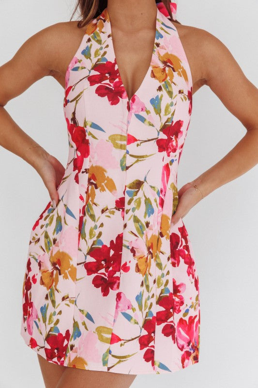 Sleeveless Halter Floral Print Mini Dress Pink