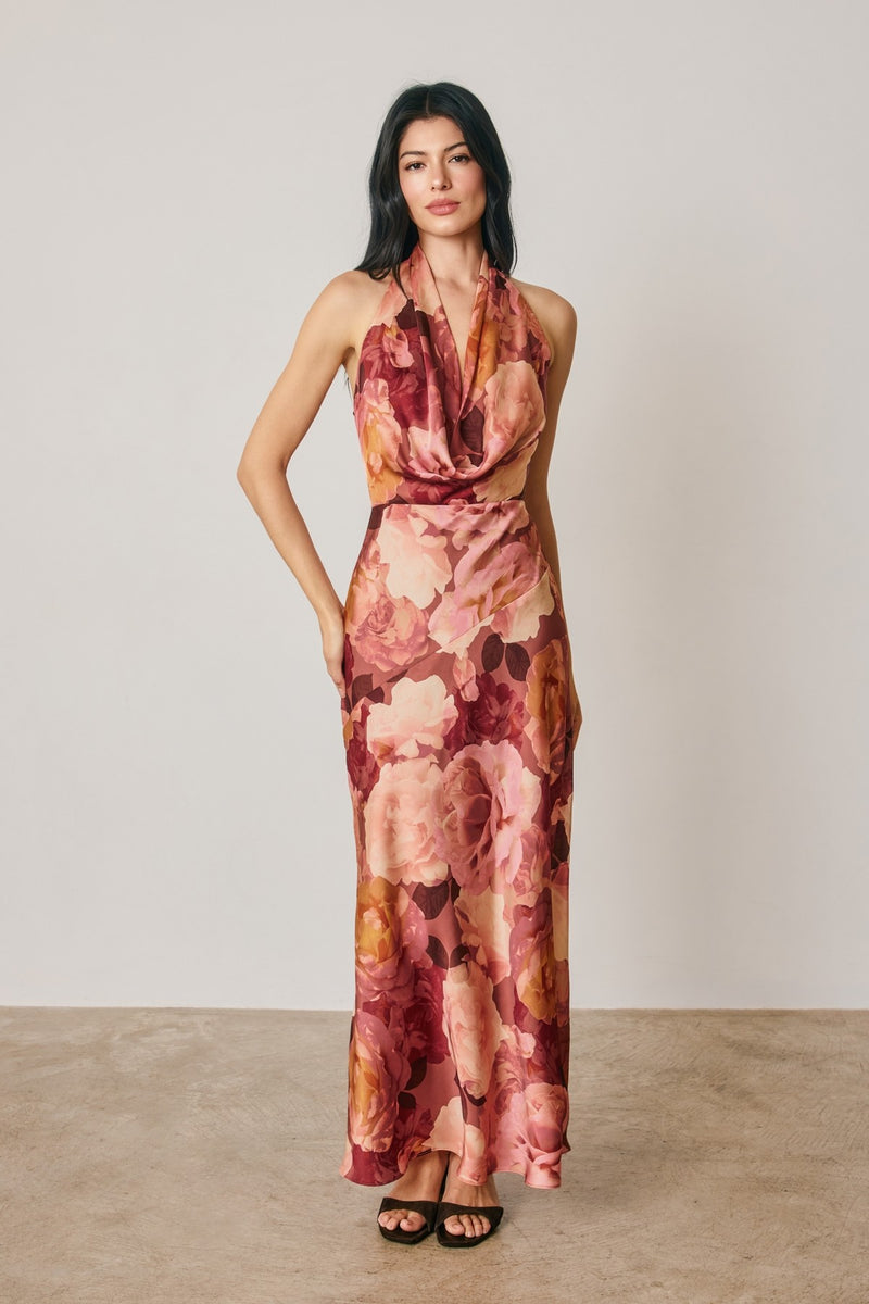 Sleeveless Halter Open Back Floral Print Maxi Dress Brown