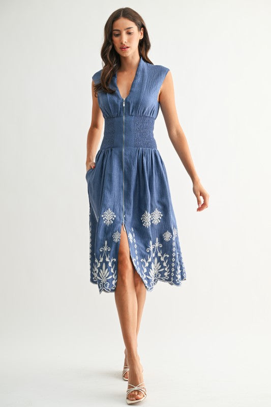 Sleeveless Zip Up Embroidered Midi Dress Blue