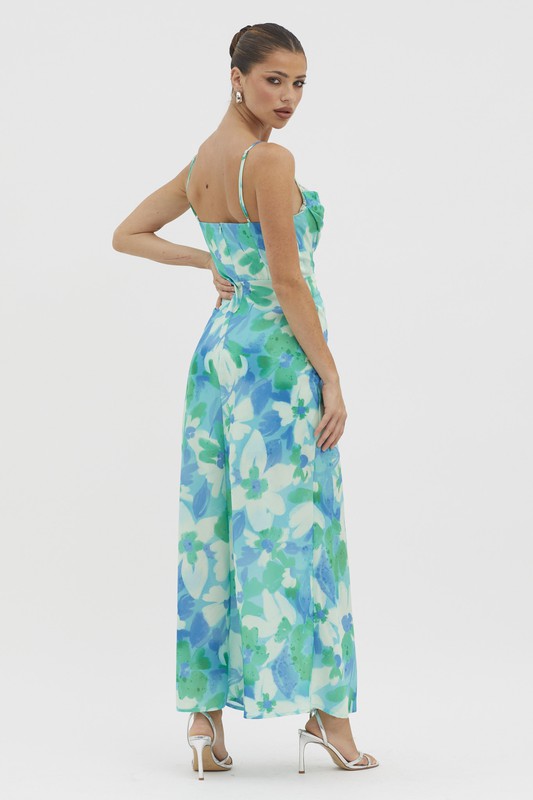 Floral Print Satin Maxi Dress Green
