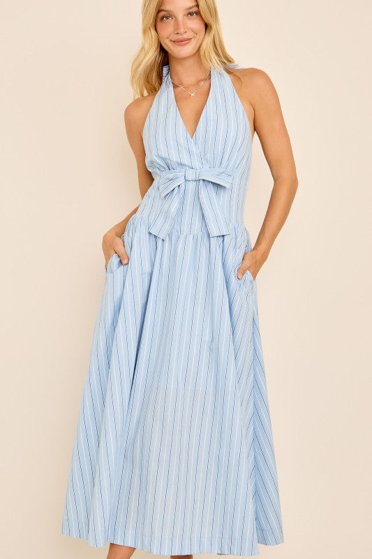 Gracie Sleeveless Halter Stripe Print Midi Dress Blue MEDIUM Gracie Sleeveless Halter Stripe Print Midi Dress Blue MEDIUM