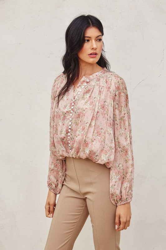 Long Balloon Sleeve Button Down Floral Print Top Mauve