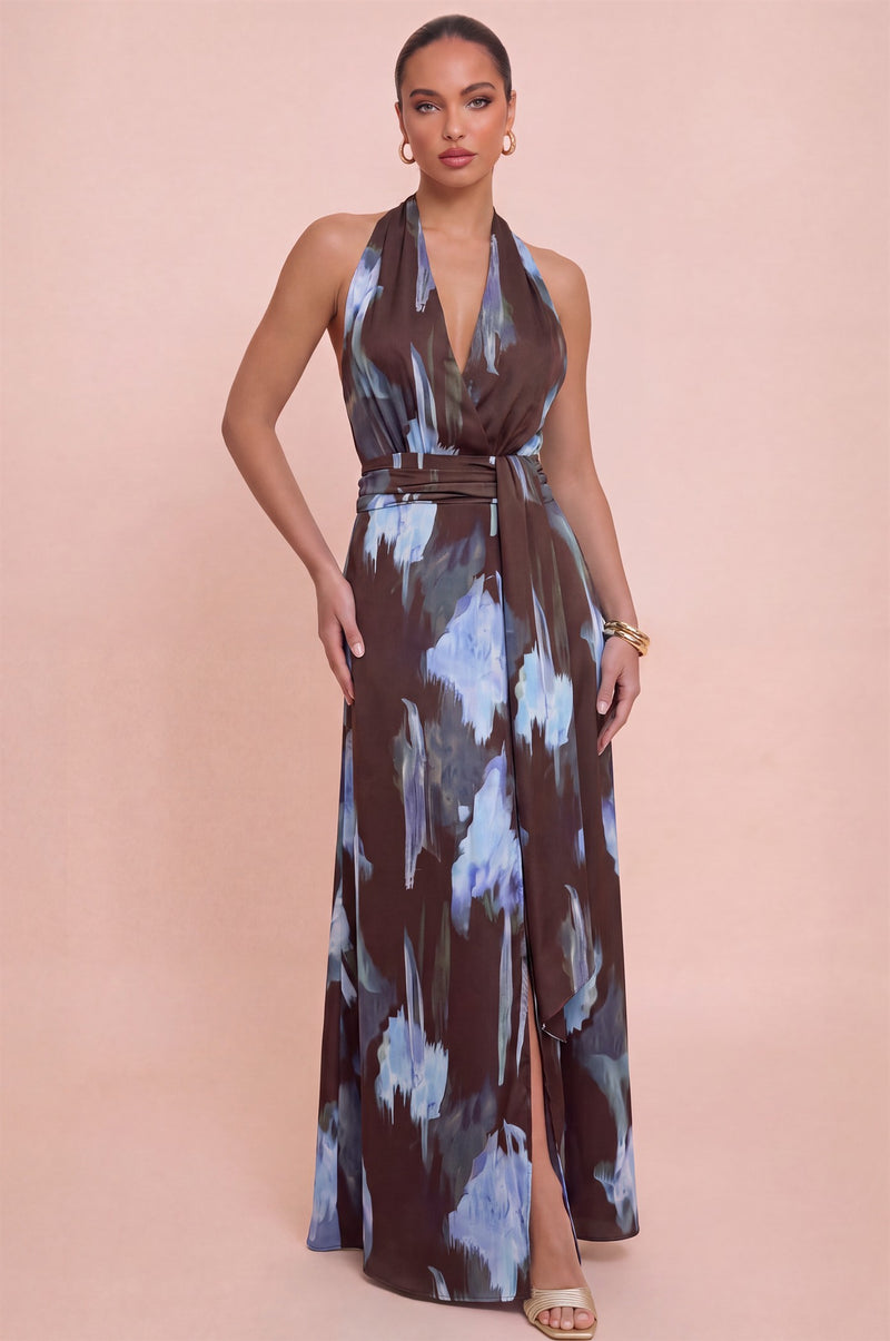 Sleeveless Halter Waist Tie Abstract Print Maxi Dress Brown