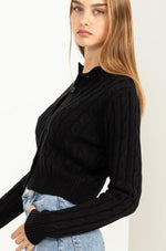 Cable Knit Cardigan Sweater Top Black