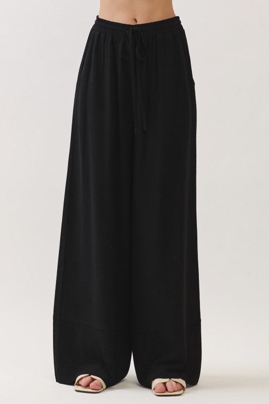 Drawstring Linen Wide Leg Pants Black