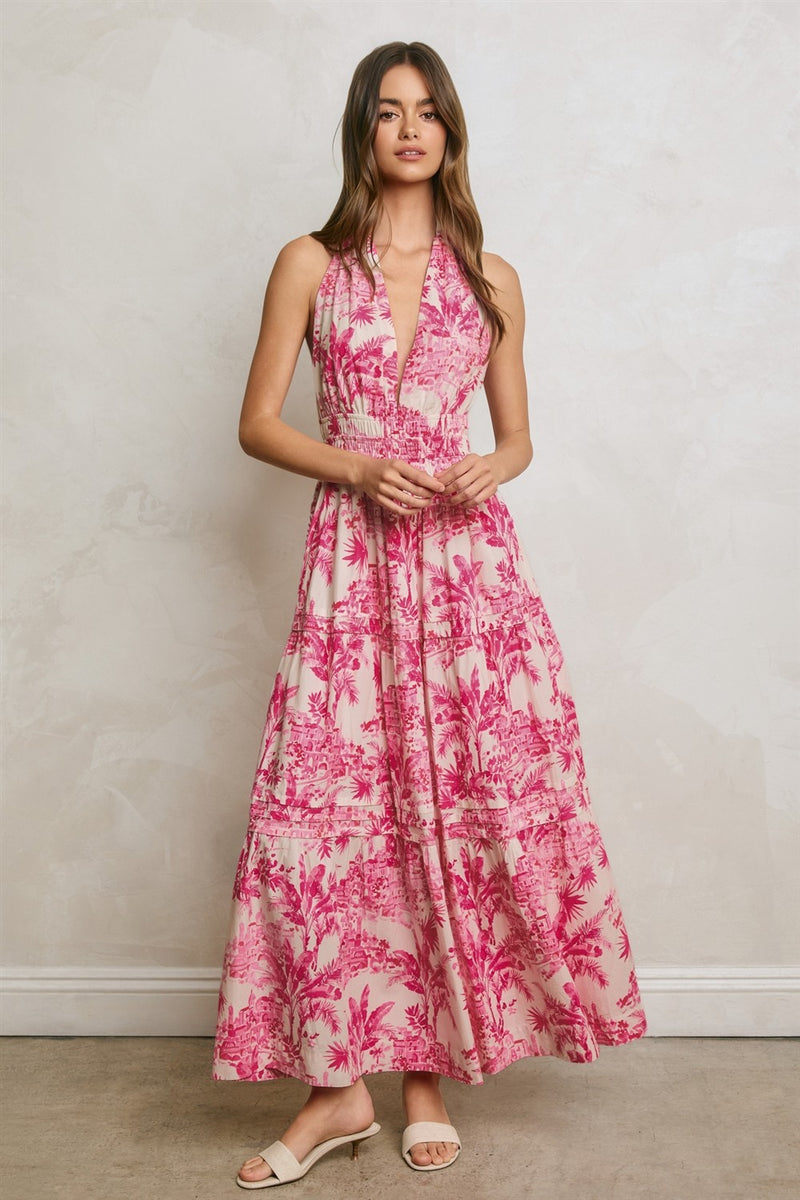 tropical print halter dress Lila Sleeveless Open Back Maxi Pink LARGE related:suraya-plunge-dress-cupro-oatmilk-51 Jessica Alba's see-through dress US0/US4:US0/US4 Size recommendation