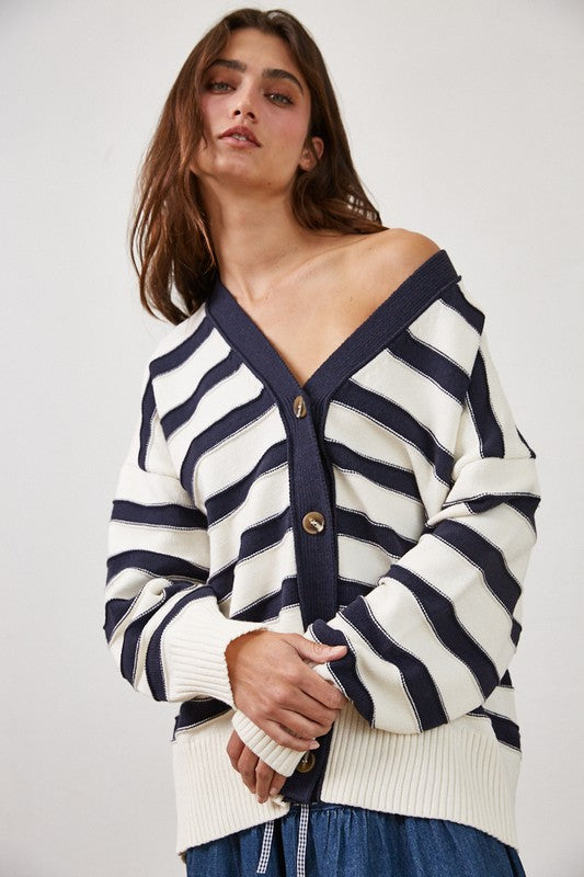 Kellan Long Sleeve Stripe Knit Cardigan Cream