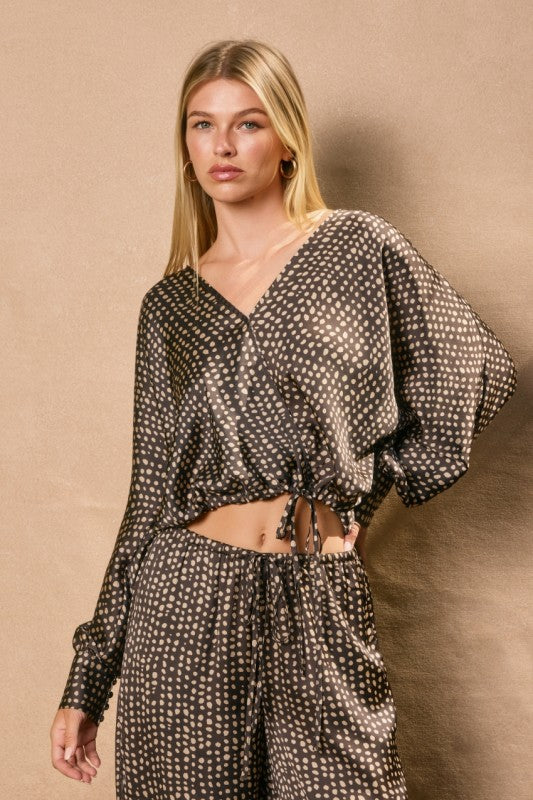 Long Sleeve Dot Print Top Brown