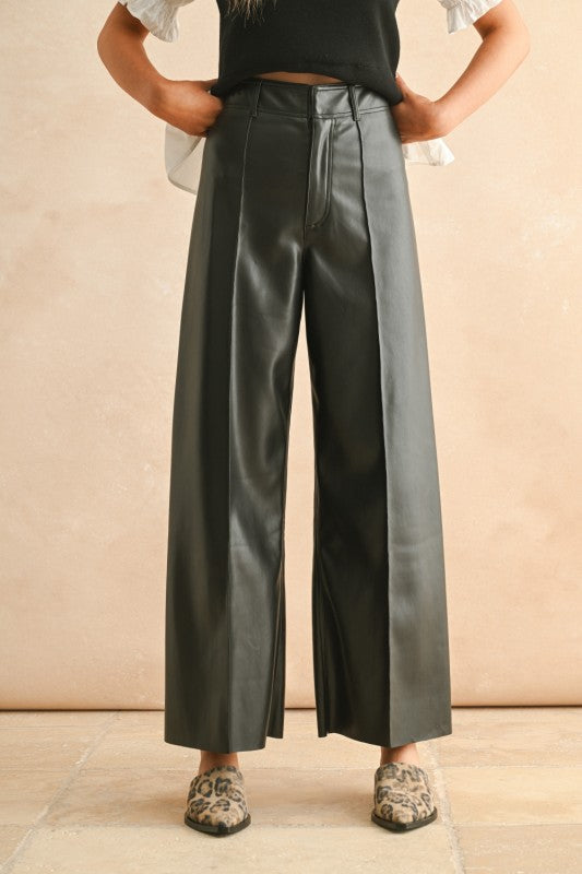 High Waist Faux Leather Wide Leg Pants Black