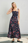 Sleeveless Open Back Tie Floral Print Midi Dress Navy