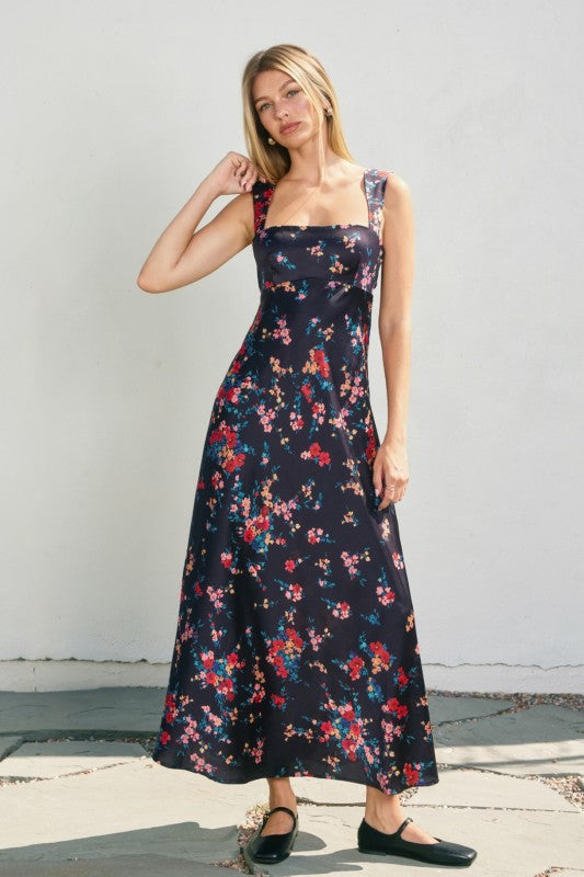Sleeveless Open Back Tie Floral Print Midi Dress Navy
