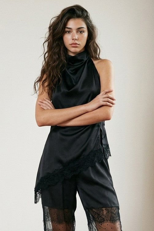 Sleeveless Elegant Lace Trim Satin Asymmetrical Top Black