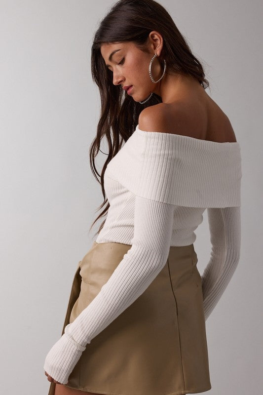 Long Sleeve Off The Shoulder Knit Top Ivory