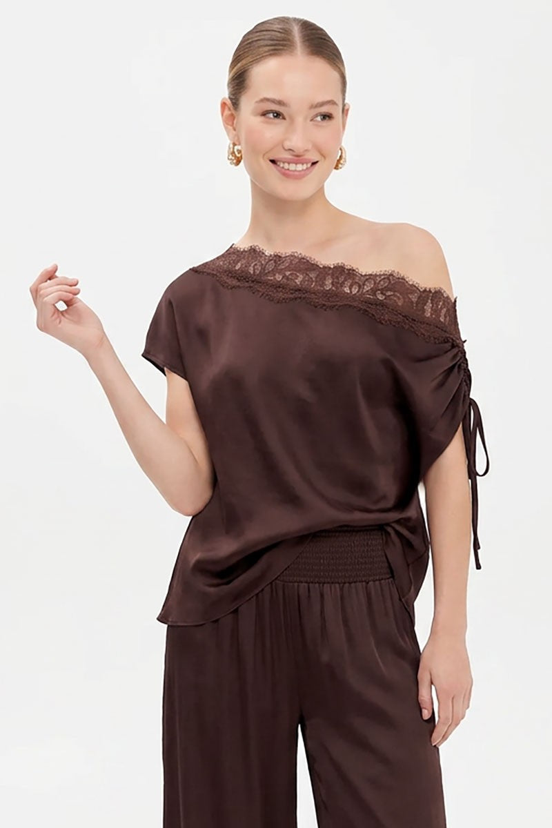 Off The Shoulder Stylish Satin And Lace Top Brown