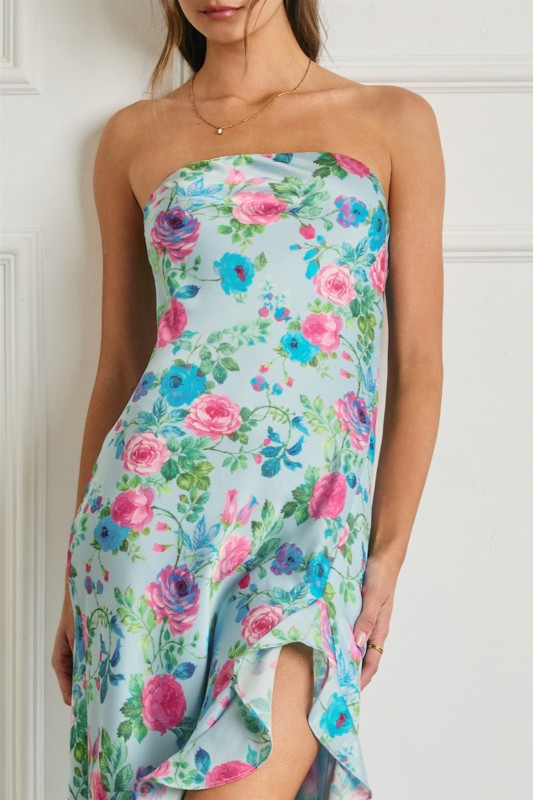 Sleeveless Asymmetrical Floral Print Maxi Dress Blue