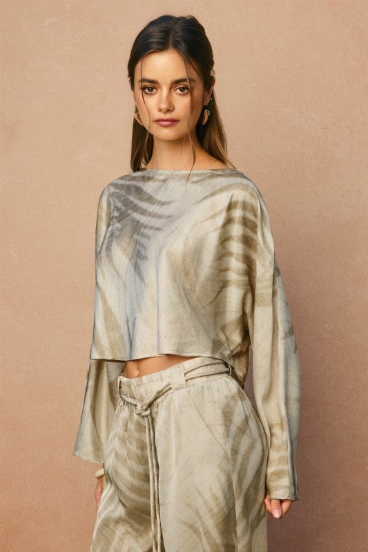 Long Sleeve Tropical Print Crop Top Khaki