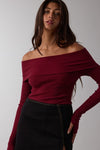 Long Sleeve Off The Shoulder Knit Top Burgundy