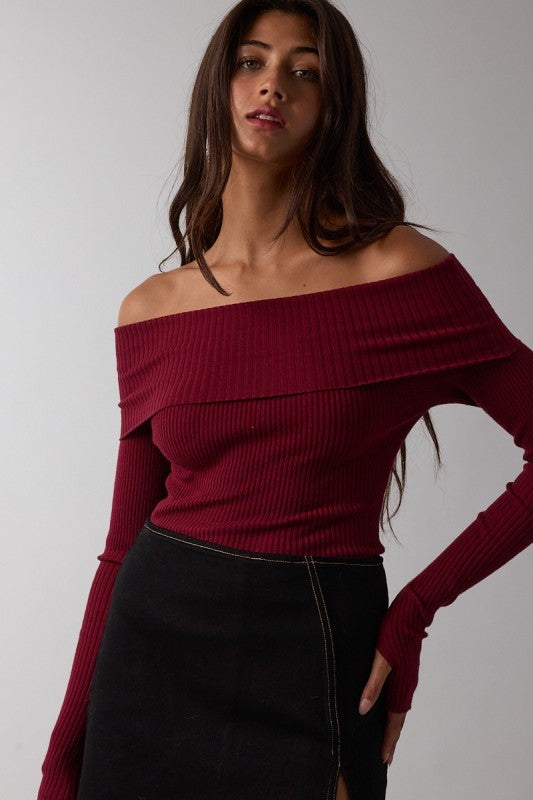 Long Sleeve Off The Shoulder Knit Top Burgundy