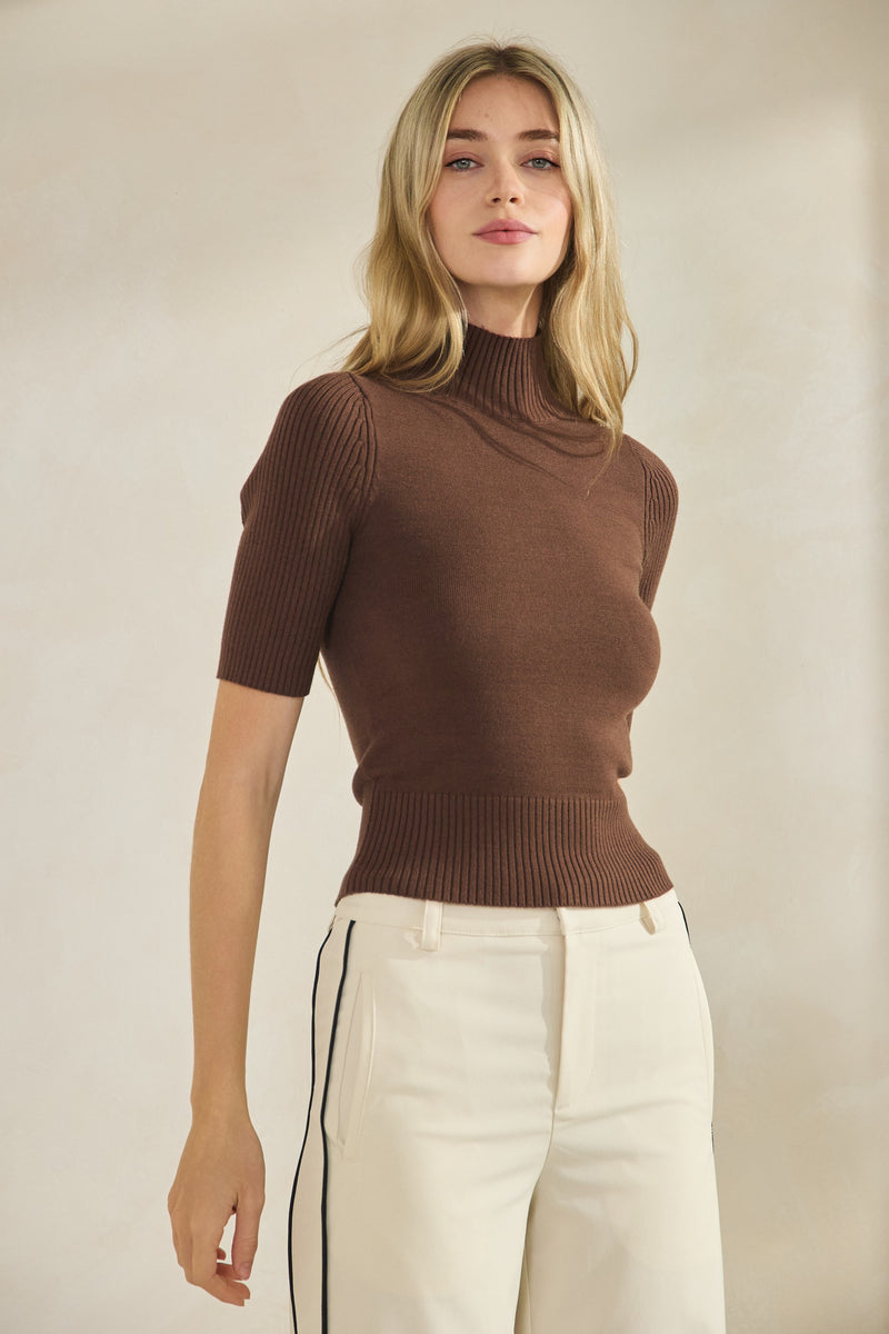 Short Sleeve Mock Neck Ribbed Knit Top Brown