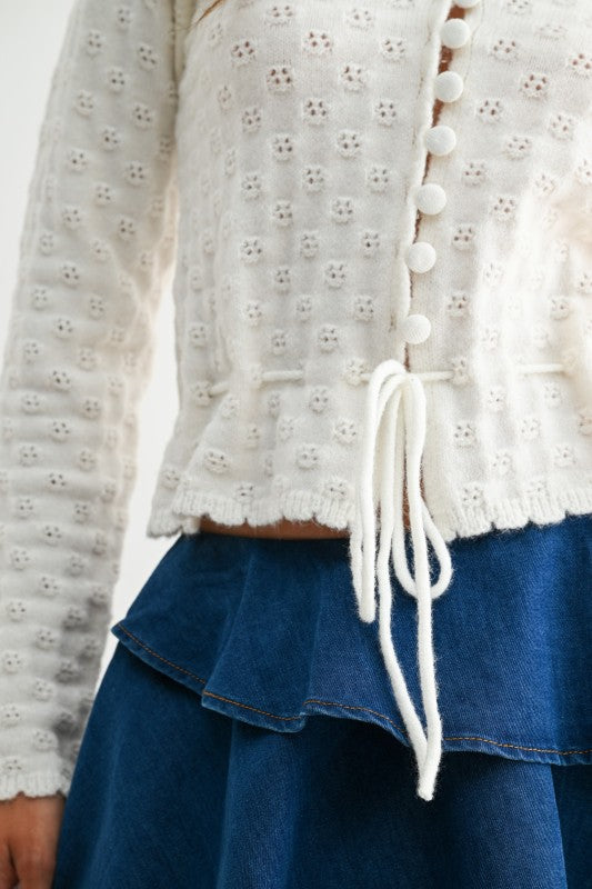 Long Sleeve Button Down Eyelet Knit Top Cream