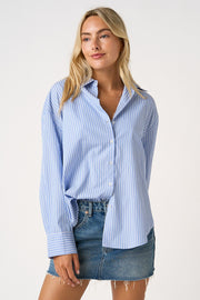 Long Sleeve Button Down Stripe Print Top Blue